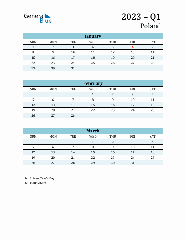 Three-Month Planner for Q1 2023 with Holidays - Poland