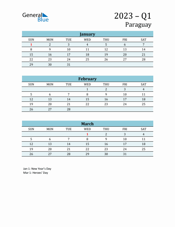 Three-Month Planner for Q1 2023 with Holidays - Paraguay