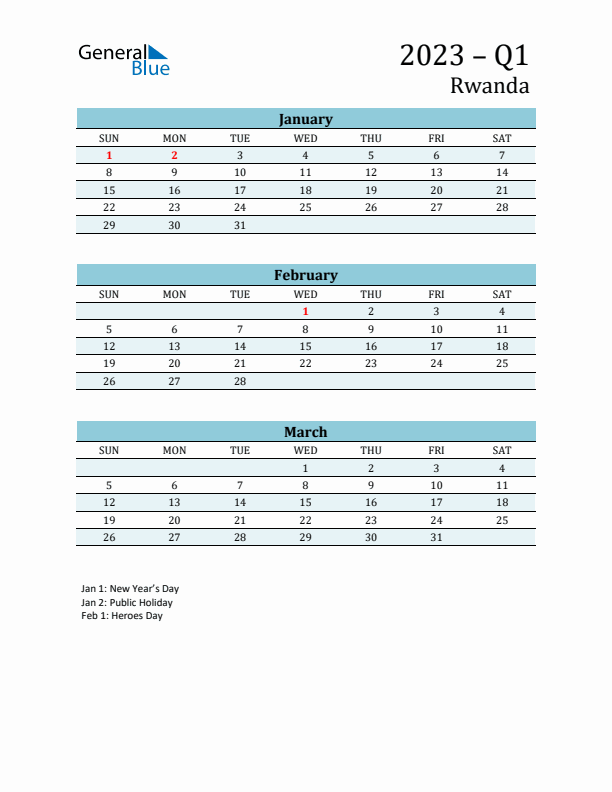 Three-Month Planner for Q1 2023 with Holidays - Rwanda