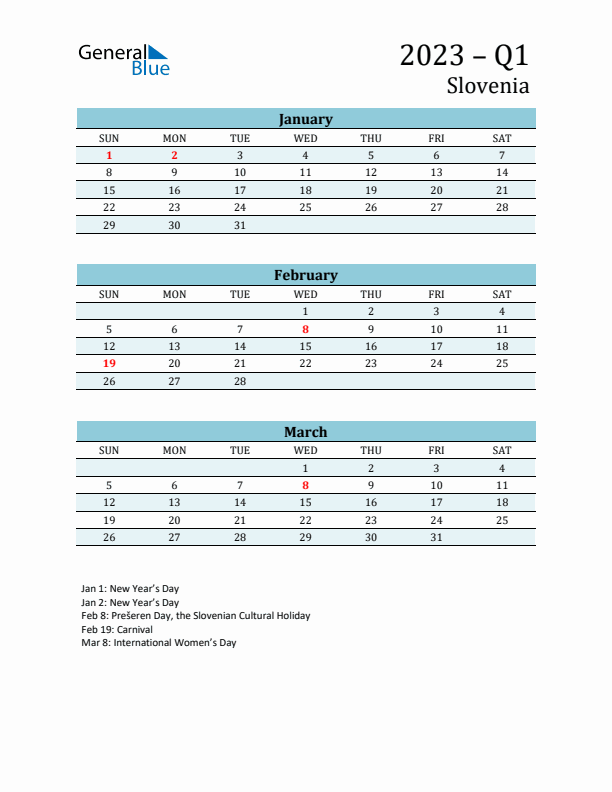 Three-Month Planner for Q1 2023 with Holidays - Slovenia