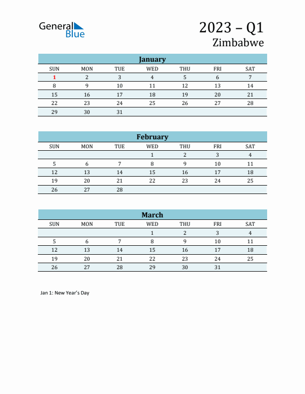 Three-Month Planner for Q1 2023 with Holidays - Zimbabwe