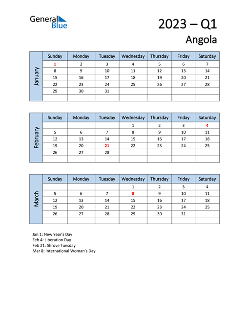  Free Q1 2023 Calendar for Angola