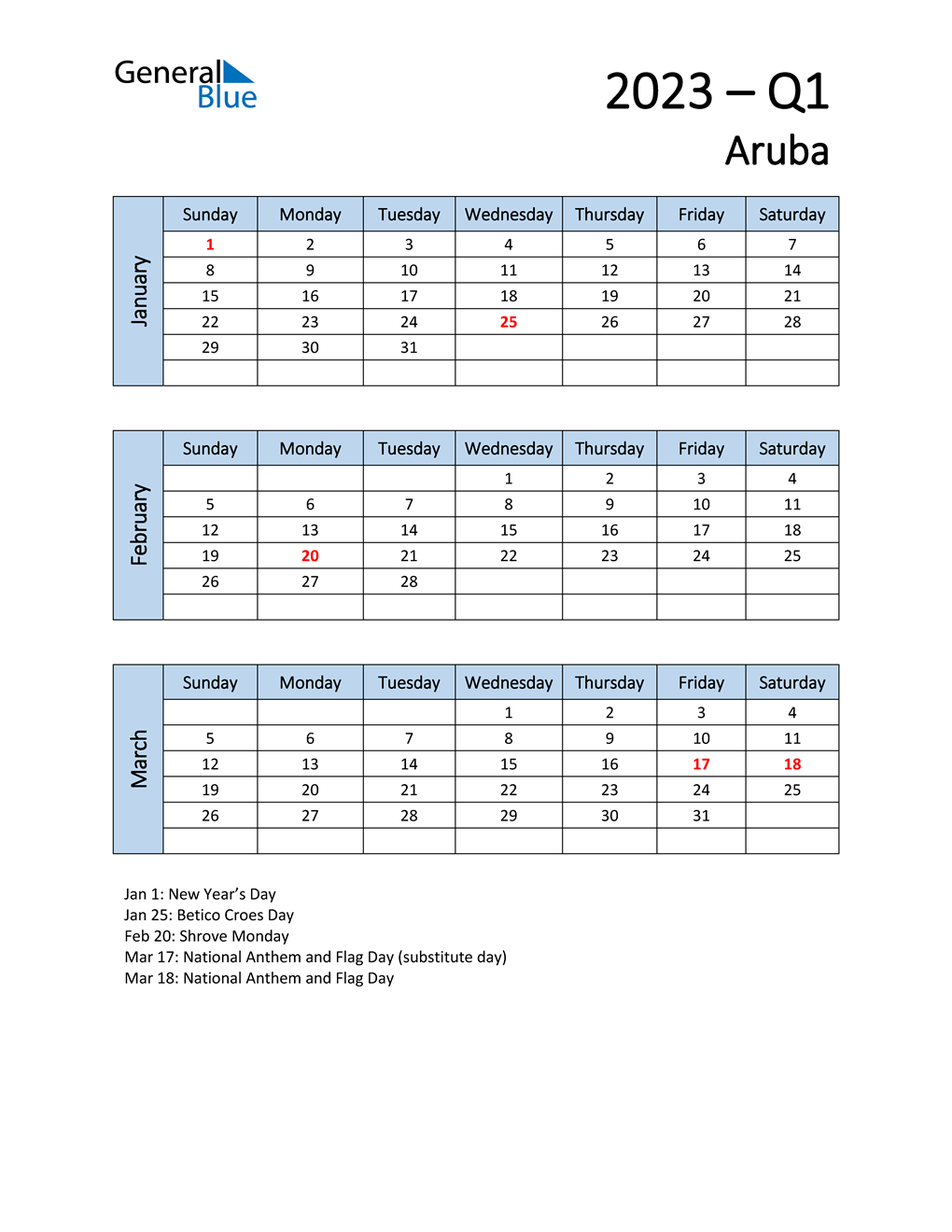  Free Q1 2023 Calendar for Aruba