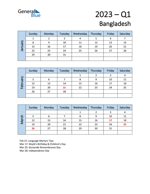  Free Q1 2023 Calendar for Bangladesh