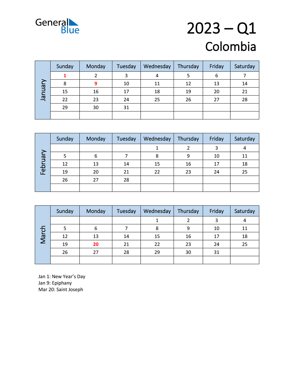  Free Q1 2023 Calendar for Colombia