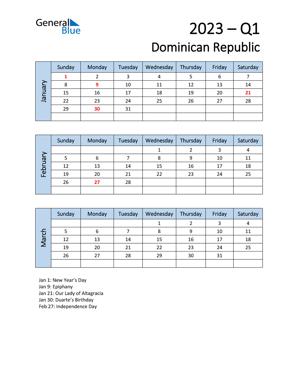  Free Q1 2023 Calendar for Dominican Republic