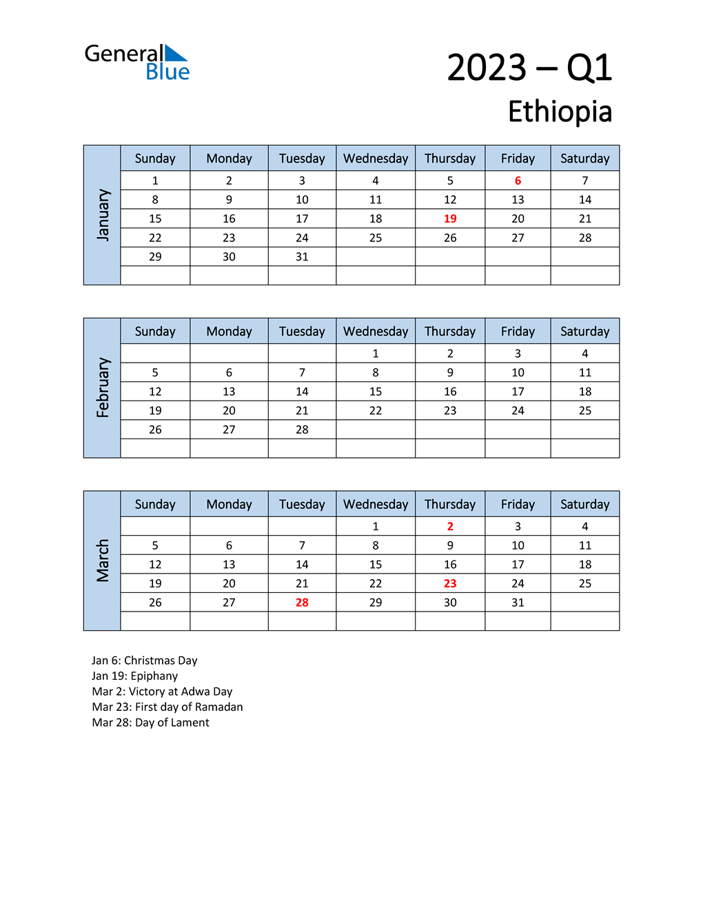  Free Q1 2023 Calendar for Ethiopia