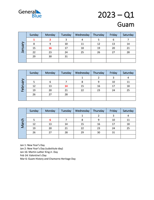  Free Q1 2023 Calendar for Guam