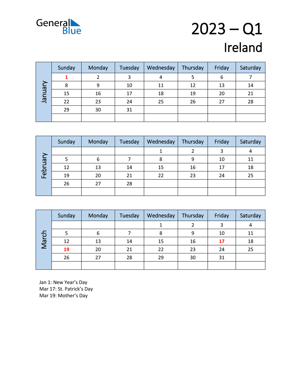  Free Q1 2023 Calendar for Ireland