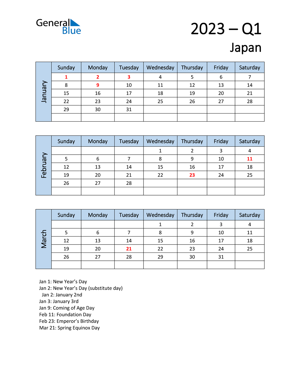  Free Q1 2023 Calendar for Japan