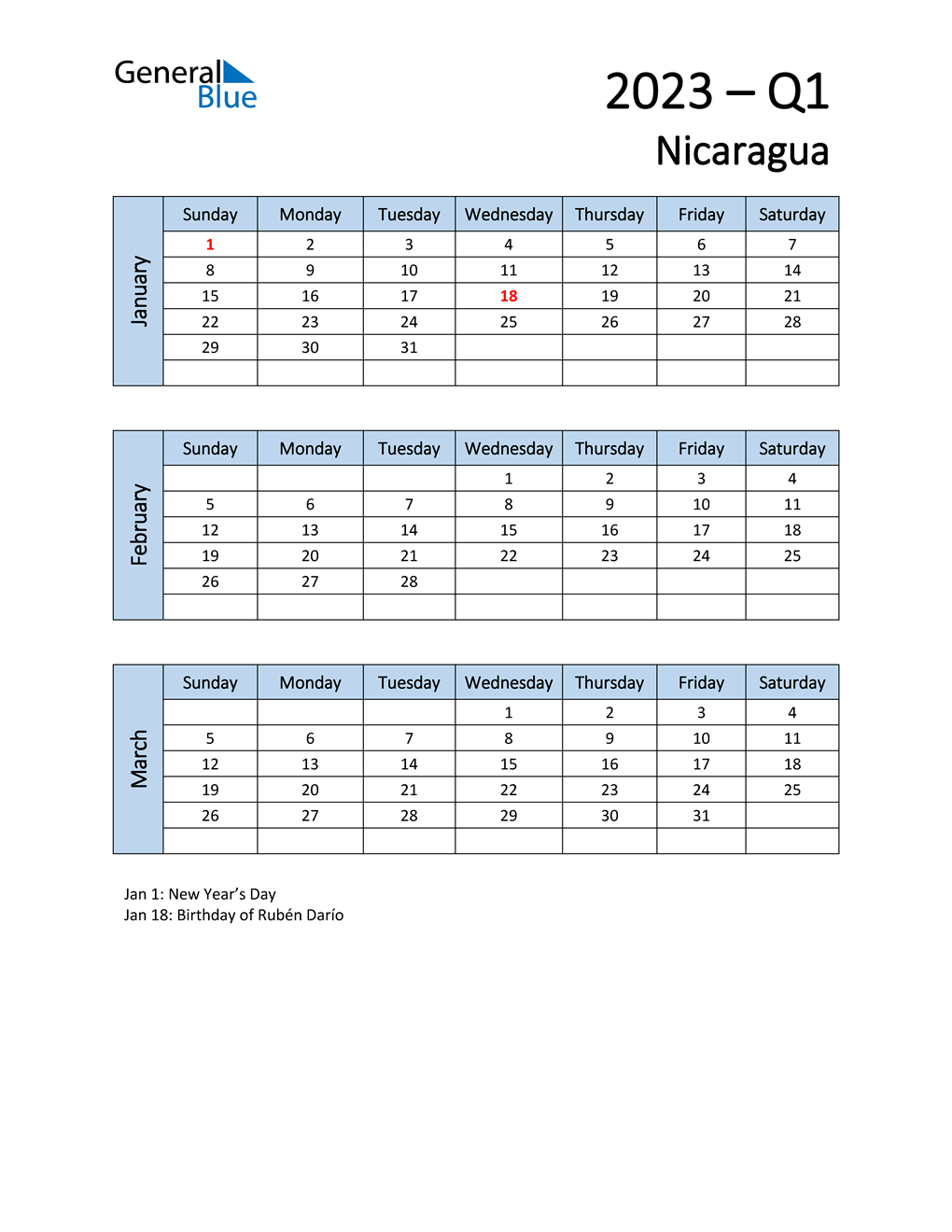  Free Q1 2023 Calendar for Nicaragua