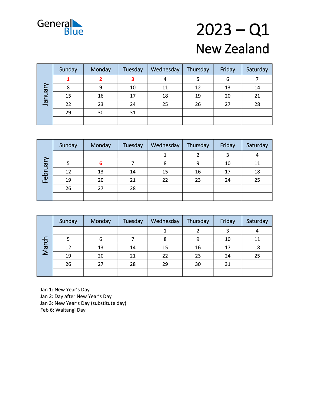  Free Q1 2023 Calendar for New Zealand