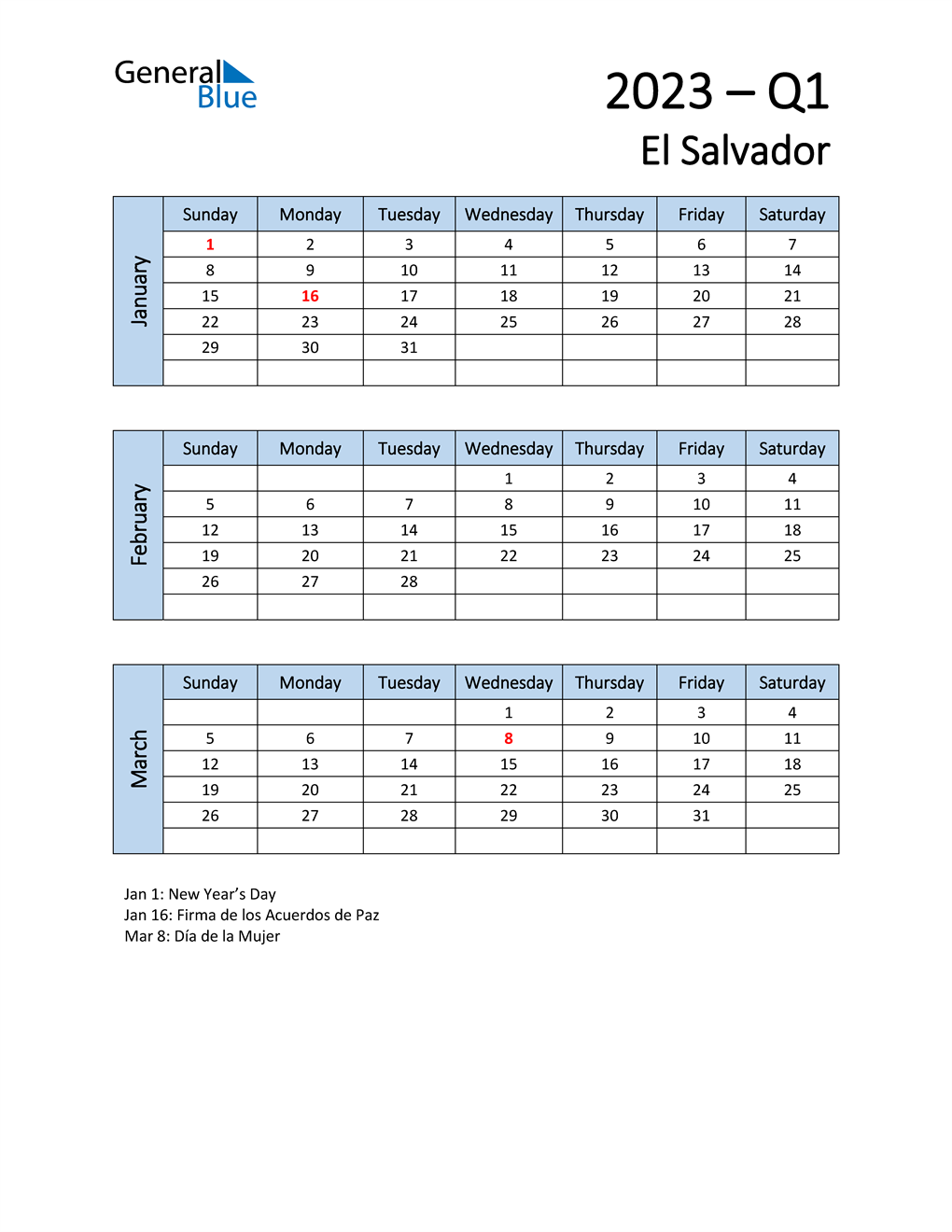  Free Q1 2023 Calendar for El Salvador