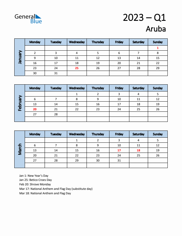 Free Q1 2023 Calendar for Aruba - Monday Start