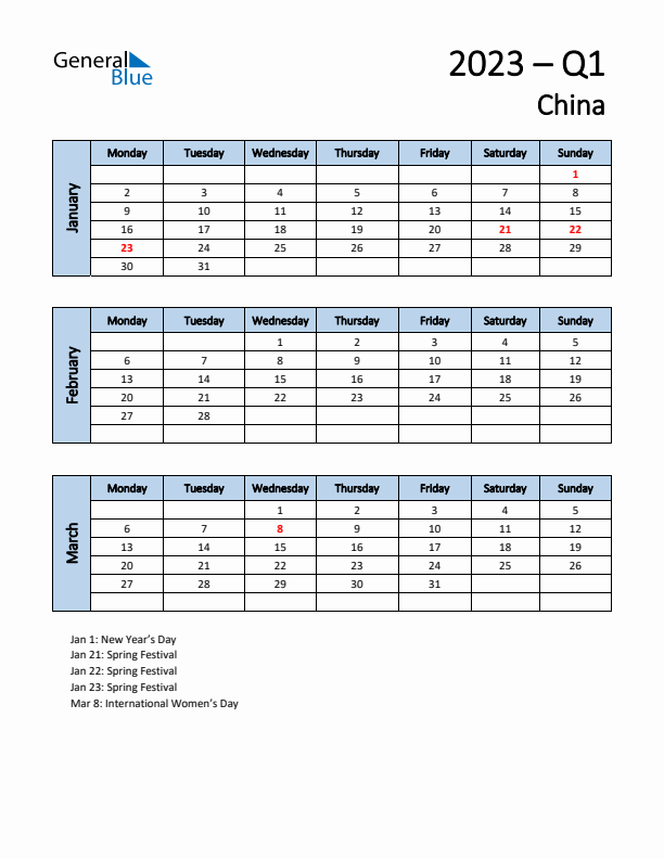 Free Q1 2023 Calendar for China - Monday Start