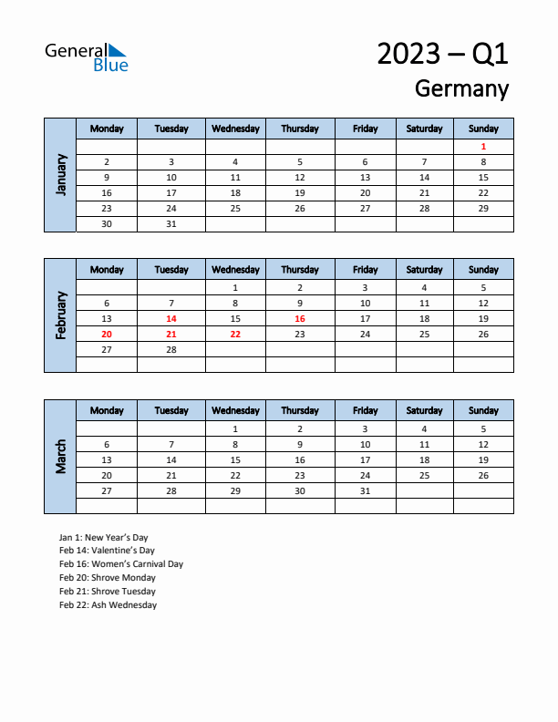 Free Q1 2023 Calendar for Germany - Monday Start
