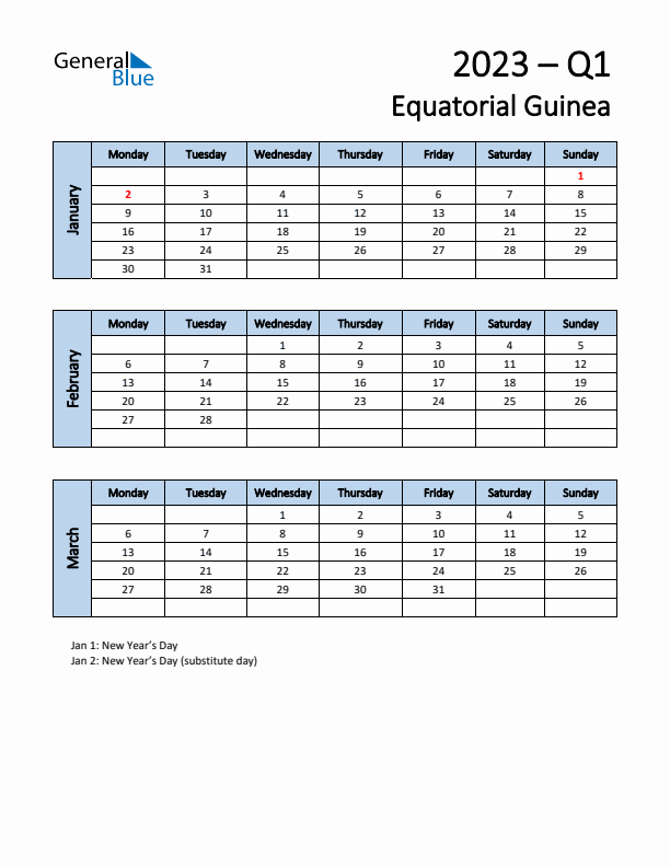 Free Q1 2023 Calendar for Equatorial Guinea - Monday Start