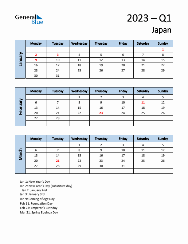 Free Q1 2023 Calendar for Japan - Monday Start