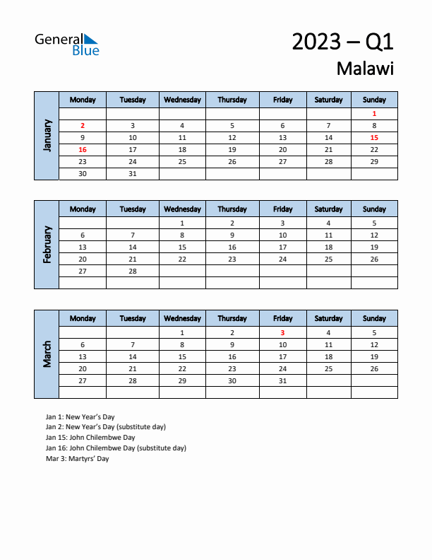 Free Q1 2023 Calendar for Malawi - Monday Start