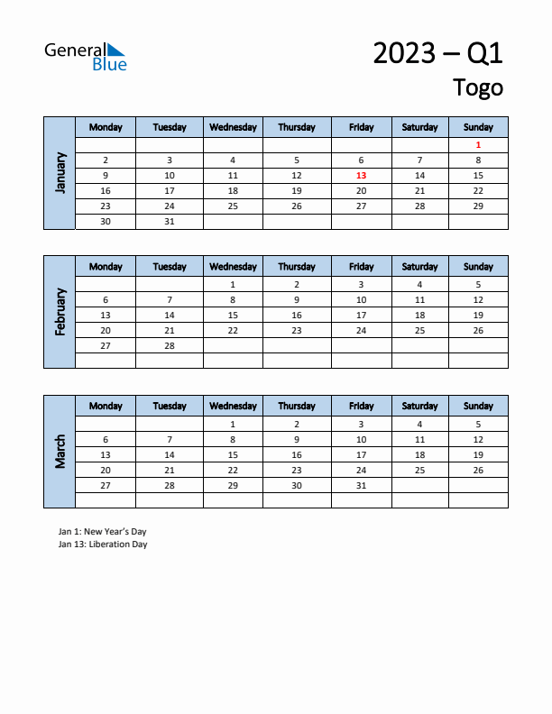 Free Q1 2023 Calendar for Togo - Monday Start