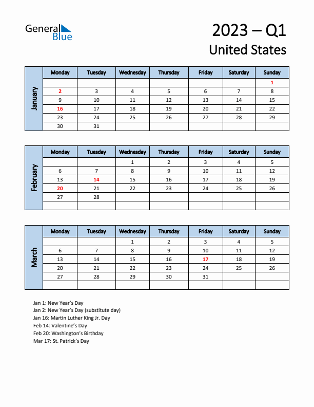Free Q1 2023 Calendar for United States - Monday Start