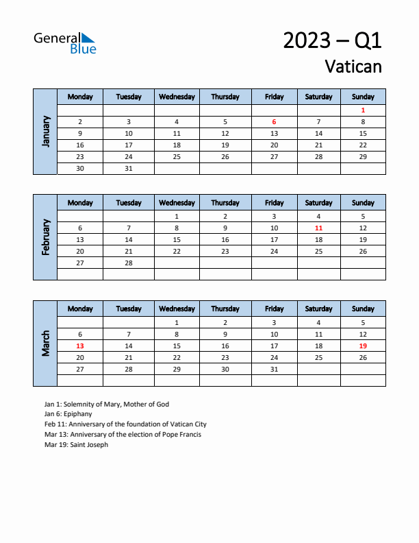 Free Q1 2023 Calendar for Vatican - Monday Start