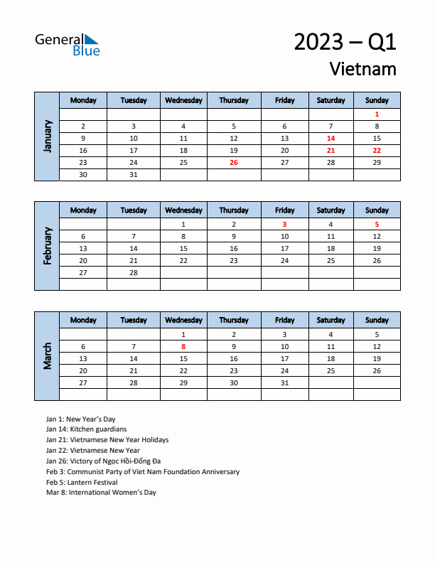 Free Q1 2023 Calendar for Vietnam - Monday Start
