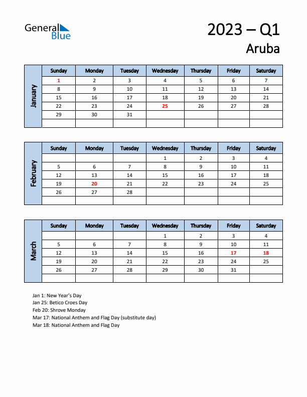 Free Q1 2023 Calendar for Aruba - Sunday Start