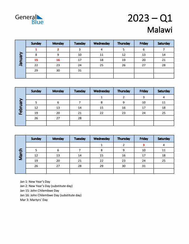 Free Q1 2023 Calendar for Malawi - Sunday Start