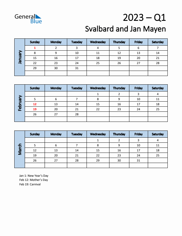 Q1 2023 Quarterly Calendar With Svalbard And Jan Mayen Holidays