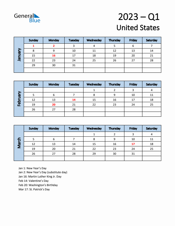 Free Q1 2023 Calendar for United States - Sunday Start