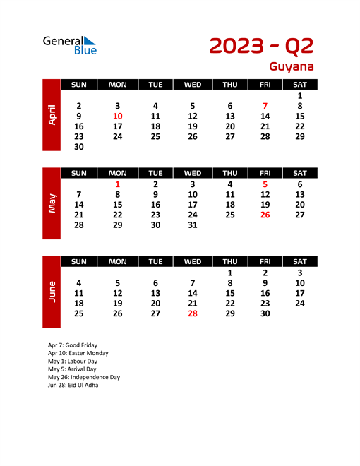 Guyana Calendars with Holidays