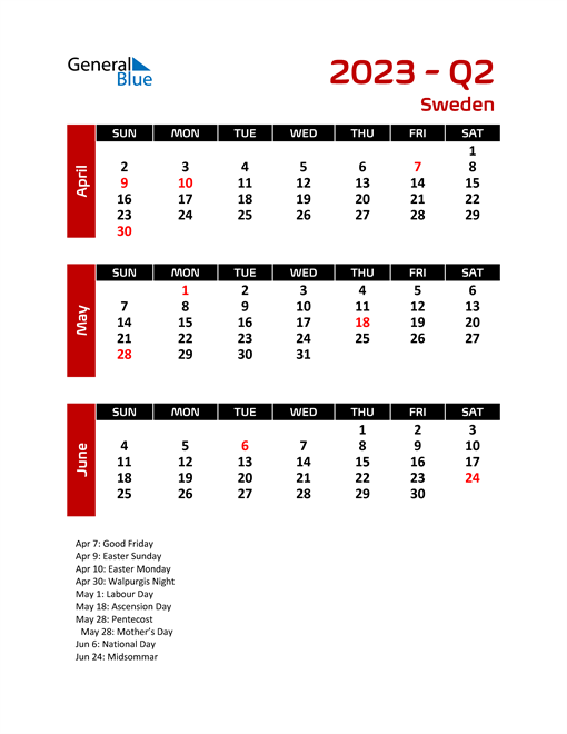  Q2 2023 Calendar with Holidays