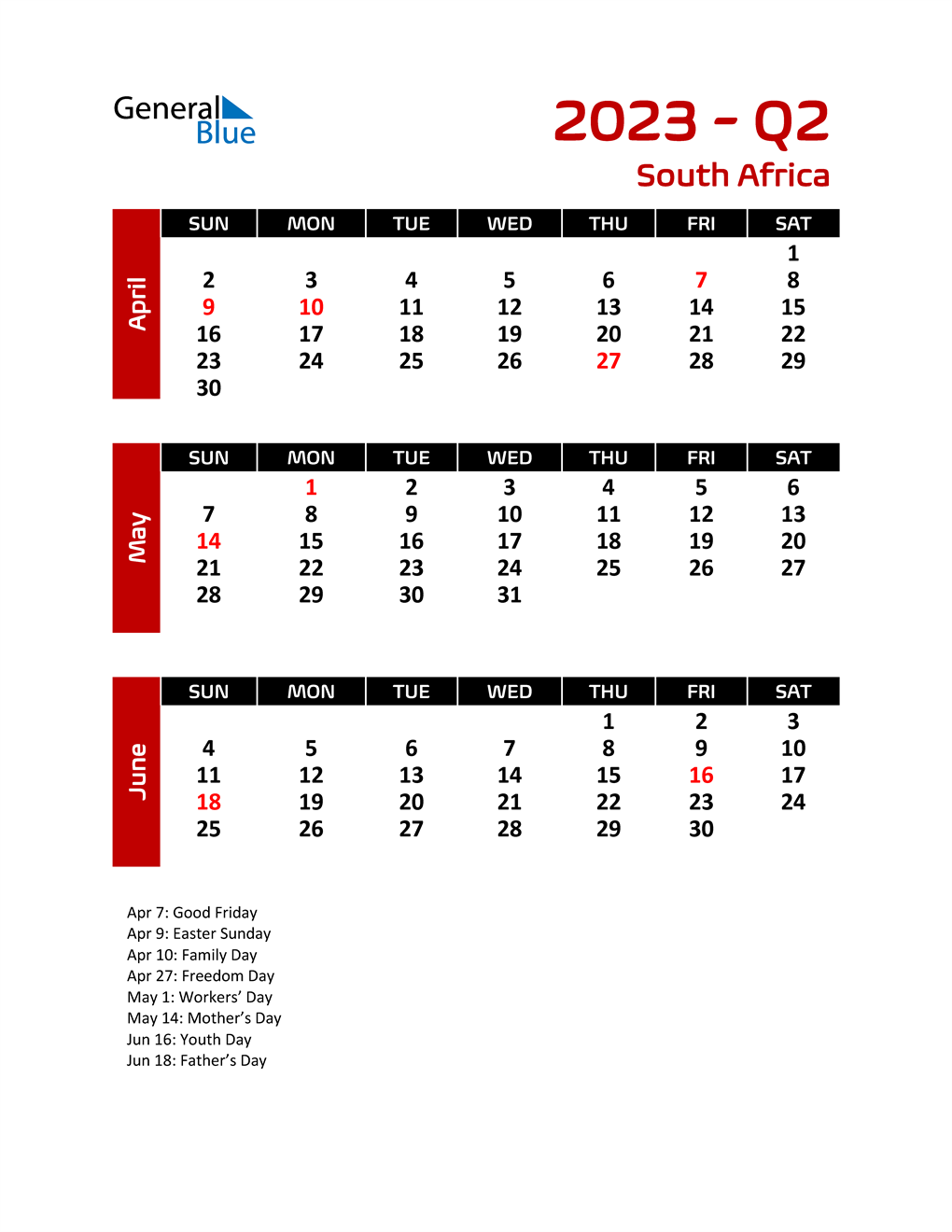 Q2 2023 Quarterly Calendar with South Africa Holidays