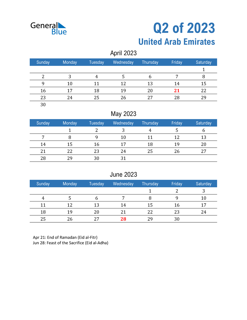  United Arab Emirates 2023 Quarterly Calendar 