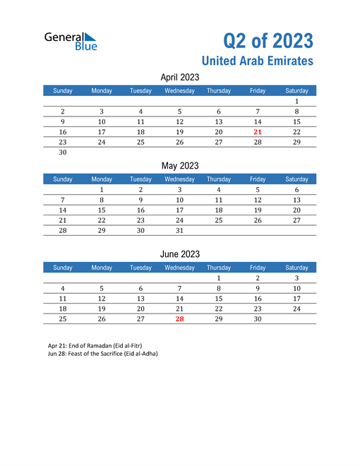  United Arab Emirates 2023 Quarterly Calendar 