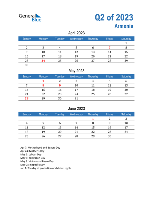  Armenia 2023 Quarterly Calendar 