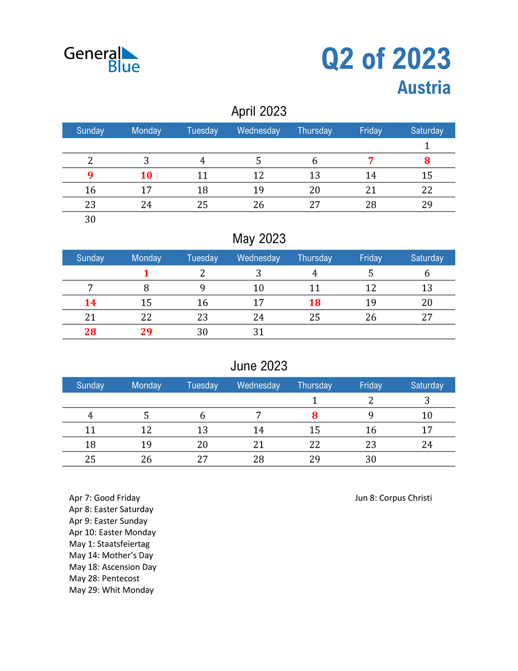  Austria 2023 Quarterly Calendar 