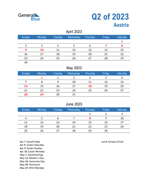  Austria 2023 Quarterly Calendar 