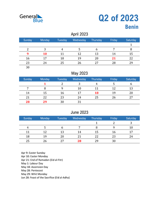  Benin 2023 Quarterly Calendar 