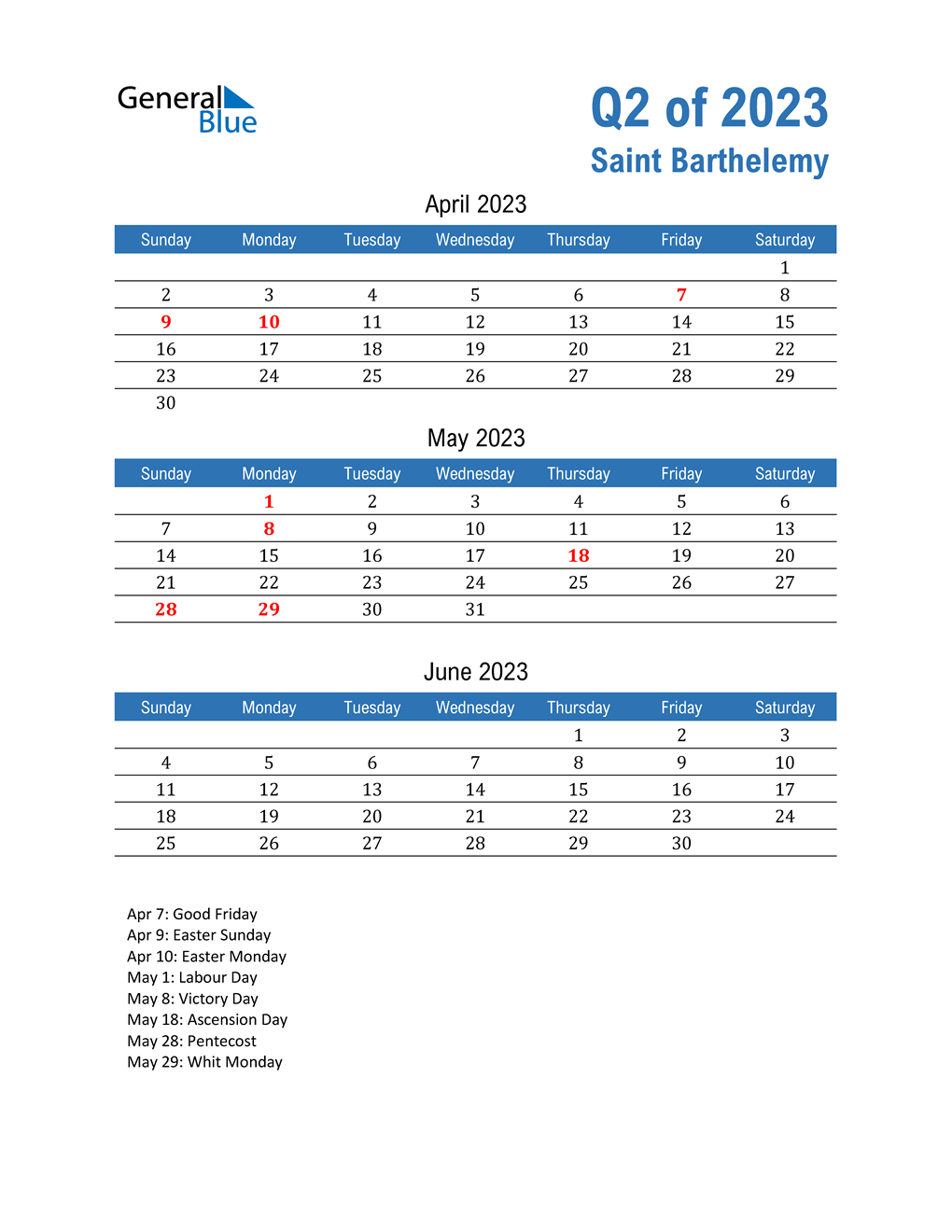  Saint Barthelemy 2023 Quarterly Calendar 