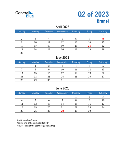  Brunei 2023 Quarterly Calendar 