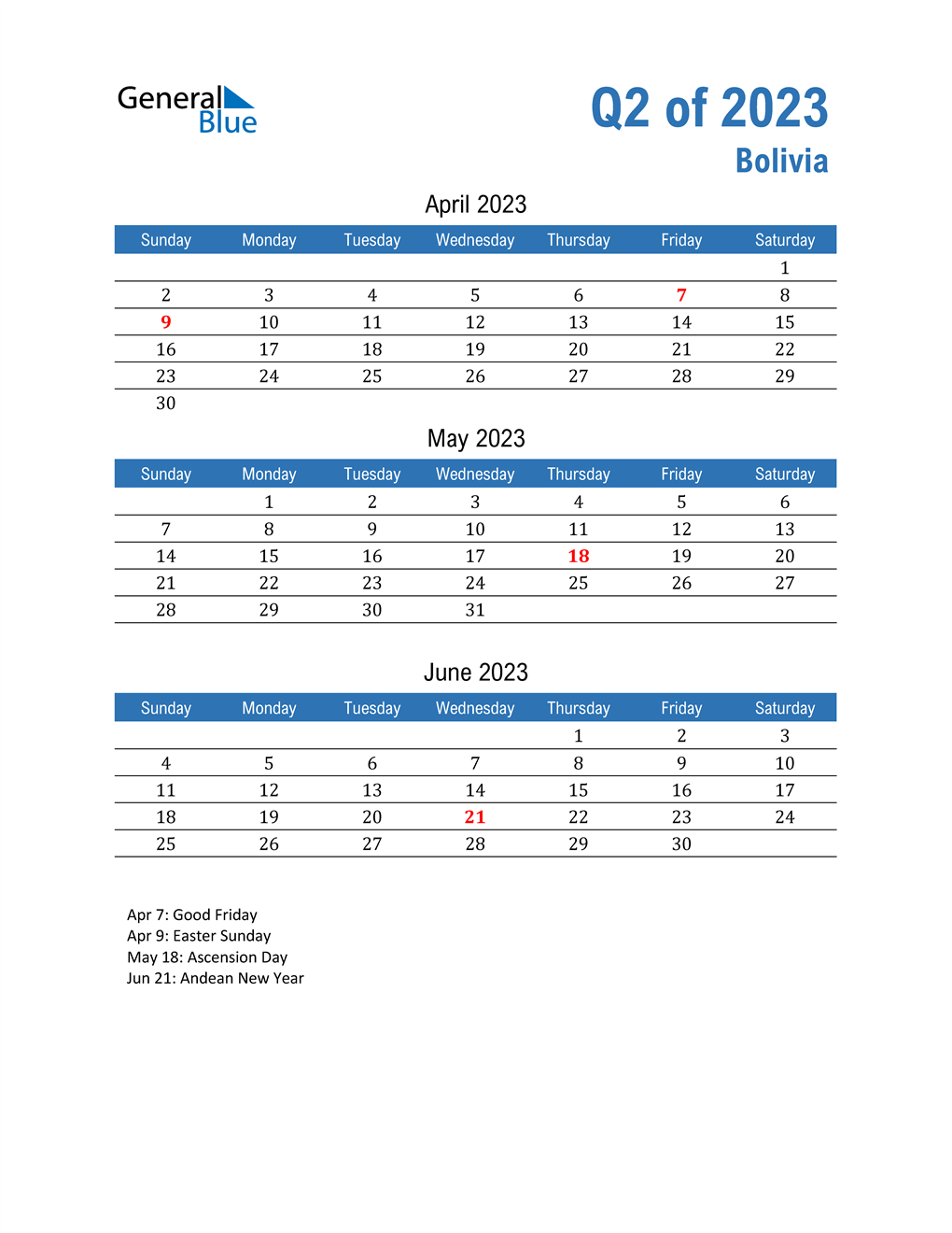  Bolivia 2023 Quarterly Calendar 