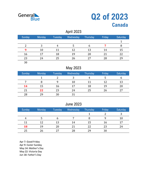 Q2 2023 Quarterly Calendar with Canada Holidays