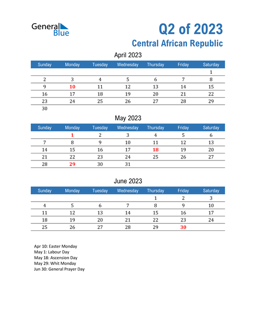  Central African Republic 2023 Quarterly Calendar 