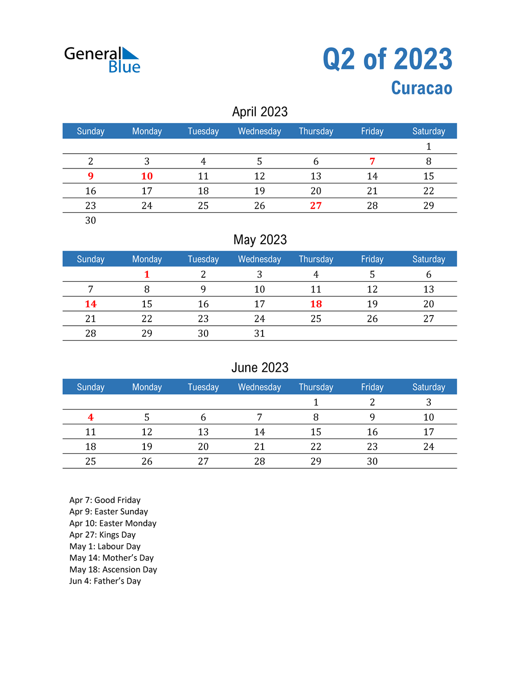  Curacao 2023 Quarterly Calendar 