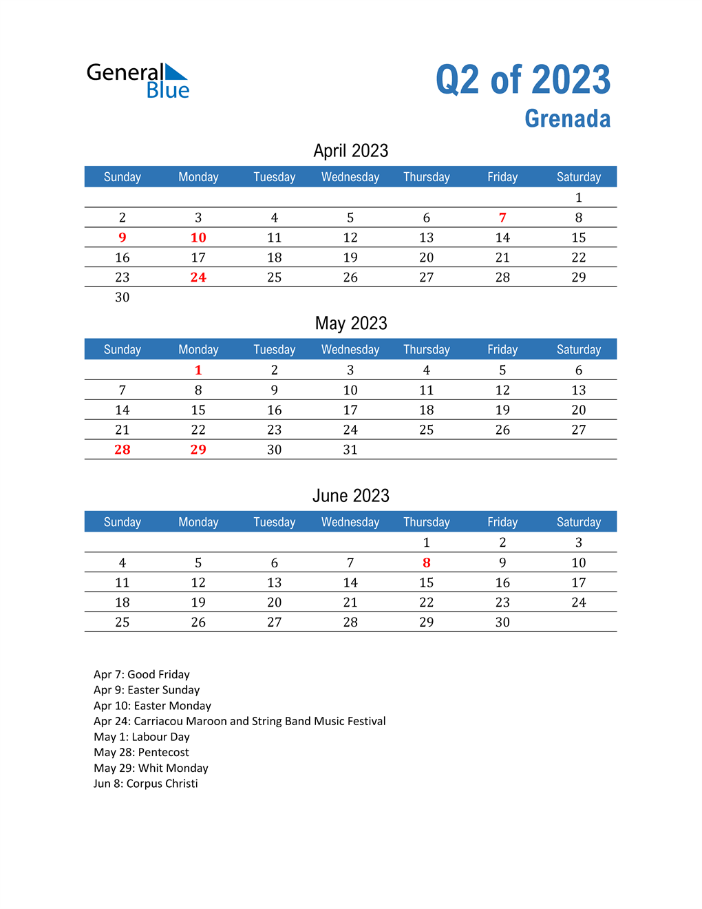  Grenada 2023 Quarterly Calendar 