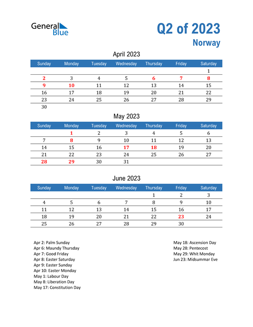 Norway 2023 Quarterly Calendar 