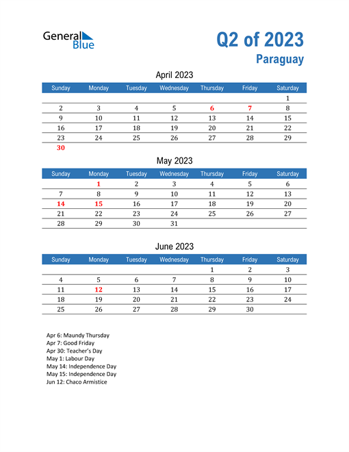  Paraguay 2023 Quarterly Calendar 