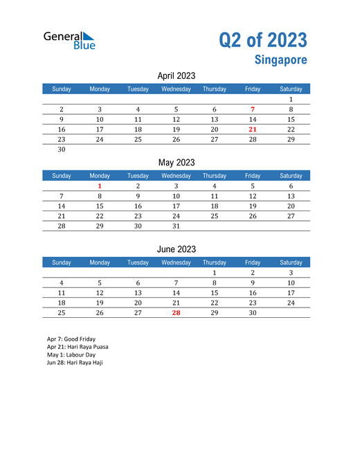  Singapore 2023 Quarterly Calendar 